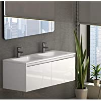 Becrisa Mueble de Baño Grande con Lavabo Blanco 120cm Sky – Suspendido para Colgar | Lavabo Doble Seno | 2 cajones de…